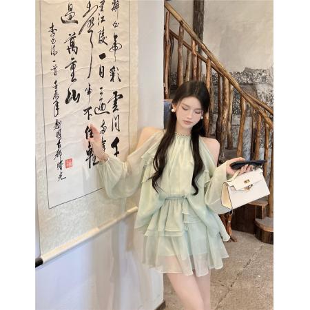 PF3507#设计感气质舒适套装夏季露肩小衫+蛋糕短裙两件套女