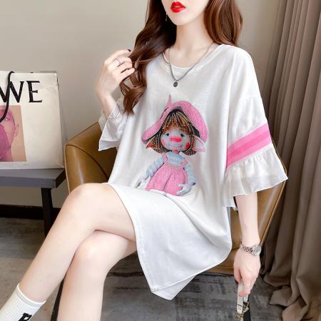 PF3511#夏装韩版宽松纯棉荷叶袖卡通烫钻中长款大码女装短袖T恤女