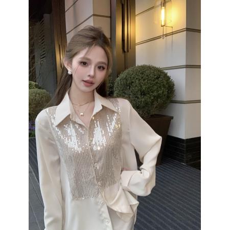 PF3516#高级感轻奢缎面亮片衬衫新款女春秋长袖设计感小众