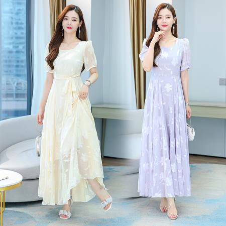 PF3519#雪纺连衣裙女 夏季新款长款圆领修身显瘦气质大摆长裙 实拍