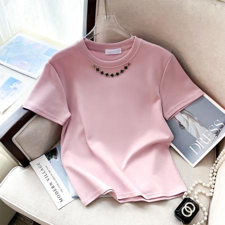 PF3522#超好质量四叶草项链金属钉珠短袖T恤纯棉简约