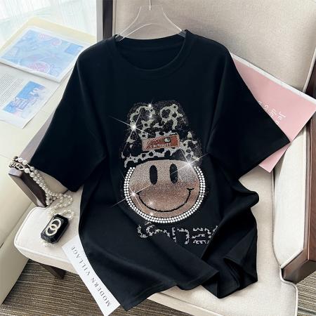 PF3526#新款重工烫钻笑脸纯棉短袖T恤女休闲简约