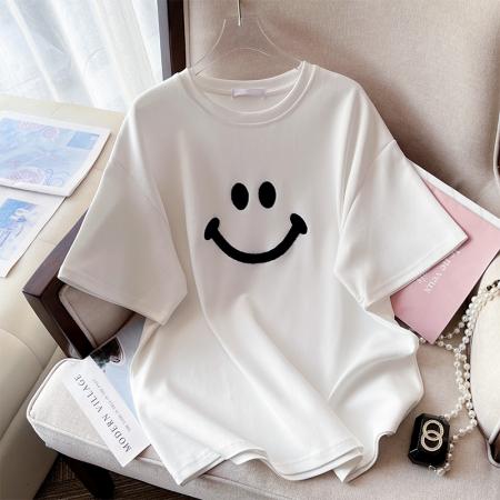 PF3527#新款可爱笑脸毛巾绣纯棉短袖T恤女宽松