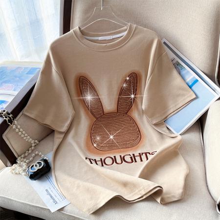 PF3528#新款超火大牌兔子重工刺绣闪钻纯棉T恤