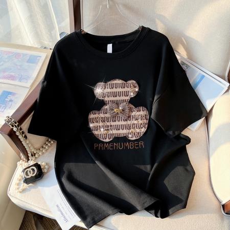 PF3529#新款重工钉珠蝴蝶结小熊纯棉短袖休闲T恤女