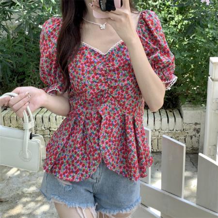 PF3532#大码女装胖MM设计感荷叶边温柔碎花褶皱上衣气质显瘦短袖
