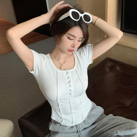 PF3539#纯欲风U领不规则短袖正肩t恤女夏季修身百搭设计感洋气上衣