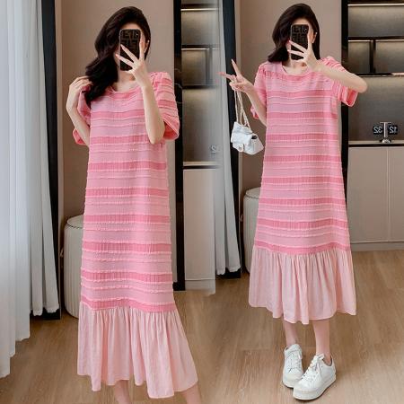 PF3547#欧货大牌高级感气质显瘦连衣裙2024新款粉色减龄圆领拼接设计感裙