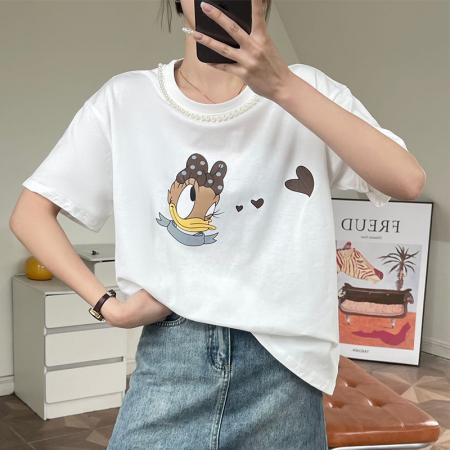 PF3566#唐老鸭刺绣t恤女2024年韩版短袖小众设计感宽松短袖上衣