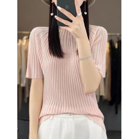 PF3573#直播爆款新款曲珠冰丝针织衫短袖女圆领薄款宽松半袖套头T恤上衣