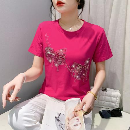 PF3574#时尚烫钻T恤女短袖夏装新款欧货圆领上衣宽松显瘦半袖潮