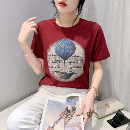 PF3576#烫钻热气球 2024夏季新款 短袖T恤女修身显瘦时尚休闲百搭
