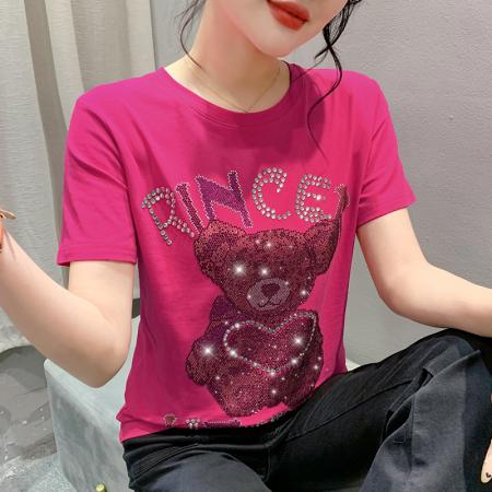 PF3578#新款欧货重工小熊烫钻纯棉短袖T恤女2024年休闲显瘦百搭上衣