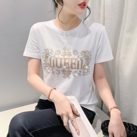 PF3579#欧洲站 夏装新款韩版百搭圆领字母烫占T恤女休闲上衣