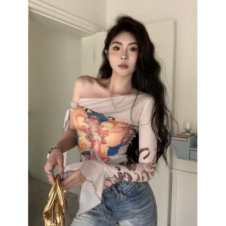 PF3590#夏季辣妹风设计感小众单肩弹力T恤女网纱木耳边紧身上衣
