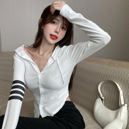 PF3594#连帽修身长袖短款针织开衫百搭T恤