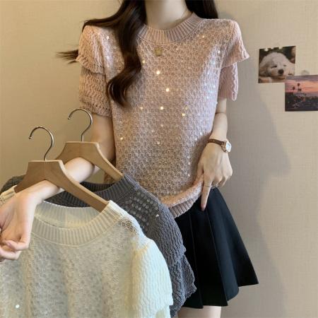 PF3598#胖MM大码法式重工亮片花苞袖套头圆领毛衣女2024年春季新款