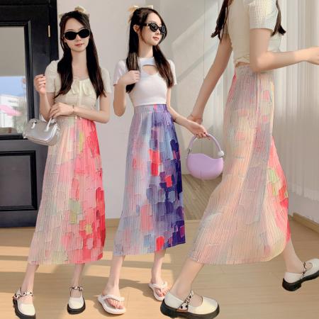 PF3621#宅褶皱2024春夏百褶直筒包臀裙渐变色中长款开叉半身裙A字裙