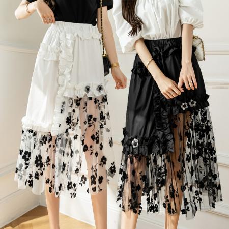 PF3622#设计感黑色不规则中长款半身裙花朵拼接网纱设计感小众纱裙