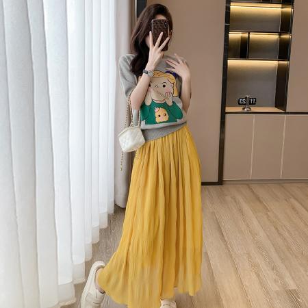 PF3623#大码卡通印花短袖T恤女设计感褶皱显瘦高腰半身裙二件套