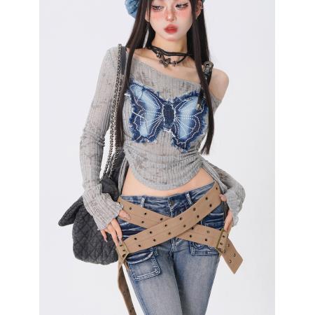 PF3643#设计感小众拼接牛仔蝴蝶结短款显瘦露肩抽绳长袖T恤上衣