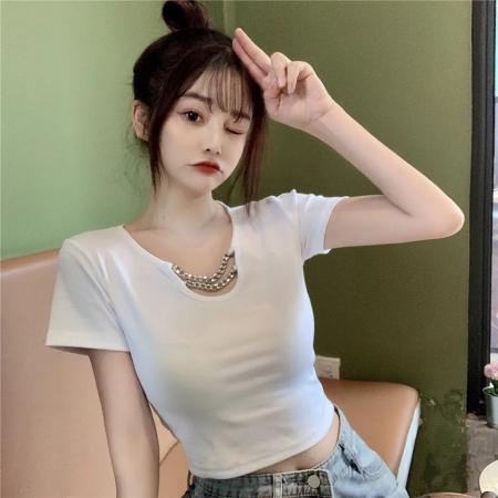 PF3645#纯棉 32支 链条修身高腰短款镂空性感上衣纯欲风