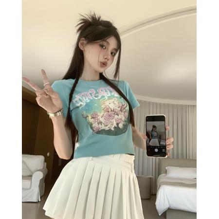 PF3653#羊羊花朵印花短袖tee甜辣妹修身减龄百搭圆领上衣