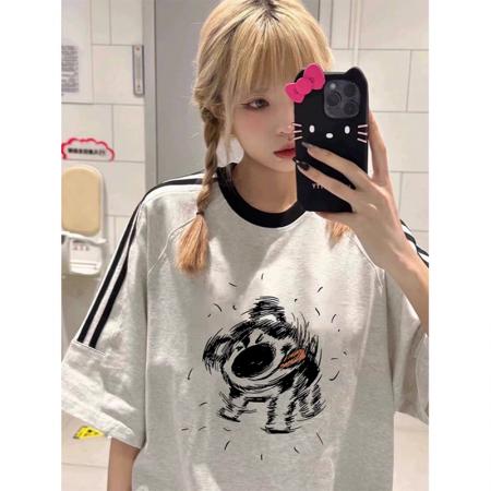 PF3660#后包条20支平纹 纯棉三条杠短袖T恤女夏