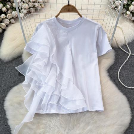 PF3669#网纱荷叶边拼接短袖T恤女2024夏季韩版宽松显瘦纯色休闲百搭上衣