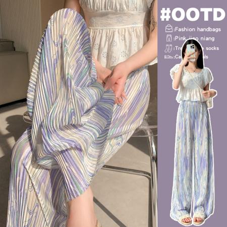 PF3675#百褶裤 压褶冰丝阔腿裤女2024夏秋季松紧腰垂感防蚊凉凉裤小个子