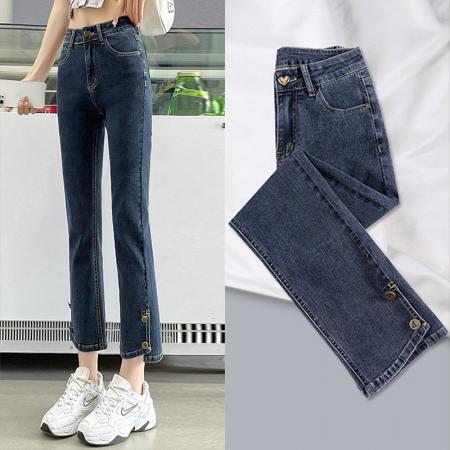 PF3677#小直筒牛仔裤女修身蓝灰弹力韩版高腰设计感裤脚开叉九分烟管裤子