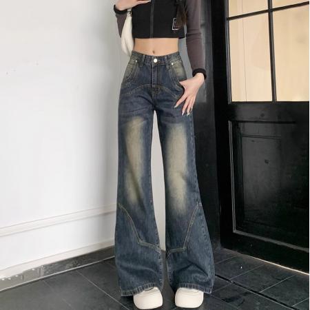 PF3694#美式复古水泥灰直筒牛仔裤女秋冬新款百搭显瘦高腰宽松阔腿裤子潮