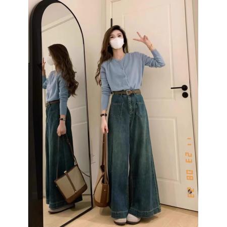 PF3696#阔腿牛仔裤女款高腰宽松设计感小众直筒裤小复古拖地裤