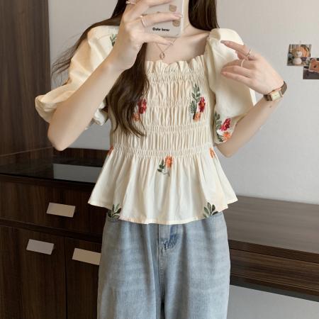 PF3697#大码方领泡泡袖衬衫女夏季设计感小众胖妹妹法式复古显瘦小衫上衣