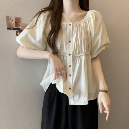 PF3698#杏色法式复古短袖娃娃衫上衣女夏季2024新款宽松泡泡袖遮肚子衬衫