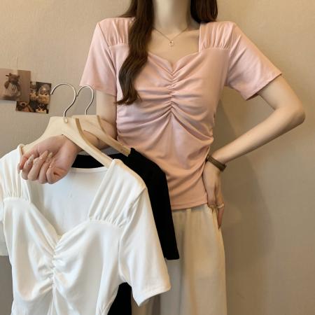 PF3700#大码胖mm2024夏季女短袖纯欲风修身显身材设计感t恤显瘦正肩上衣