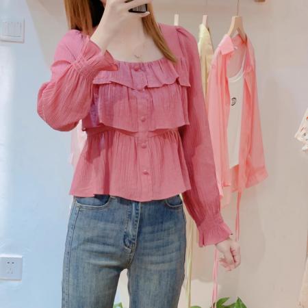 PF3711#原版做工法式小众荷叶边拼接方领泡泡袖衬衫女2024春季百搭上衣