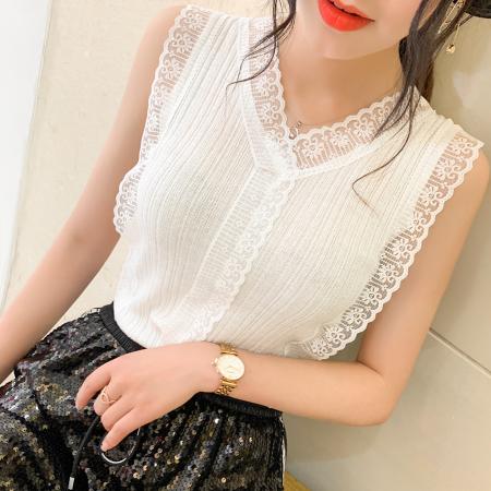 PF3715#甜美V领镂空蕾丝针织小背心女韩版修身外穿内搭无袖上衣打底小衫