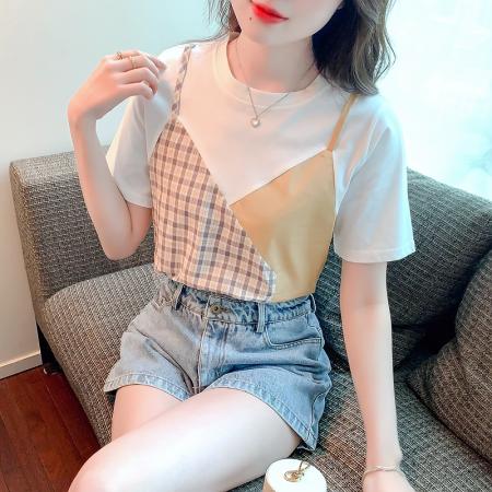 PF3719#短袖t恤女2024新款ins潮设计感女小众宽松拼接格子假两件上衣夏季