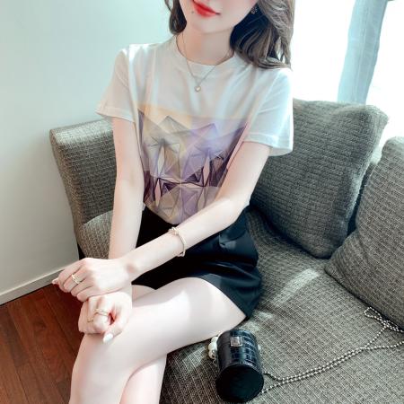 PF3728#随性穿 舒适薄透 2024夏季新款印花丝滑透气樱花粉T恤上衣女