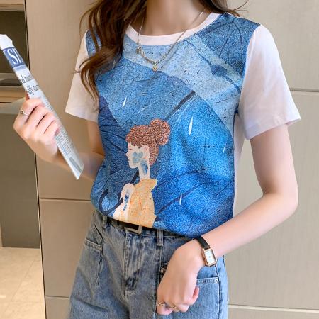 PF3731#夏季新款时尚圆领宽松卡通印花纯棉拼接上衣白色短袖t恤女士