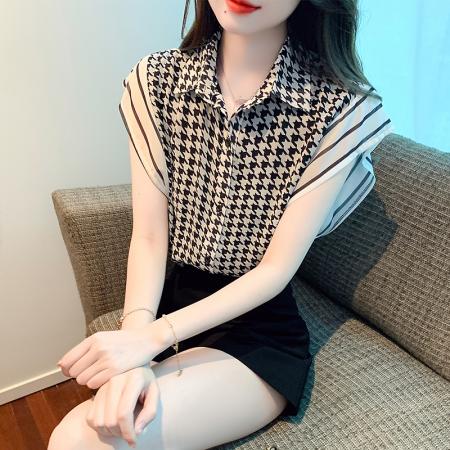 PF3734#夏季新款短袖衬衫女千鸟格条纹小众法式别致时尚显瘦上衣