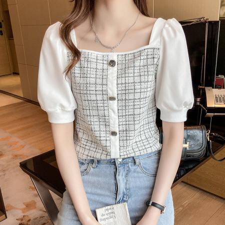 BY33#上衣女短袖2024夏季小香风方领泡泡袖短款衬衫露锁骨