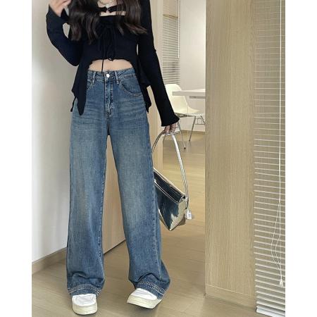 PF3754#新款复古蓝宽松牛仔拖地裤女高腰直筒裤女