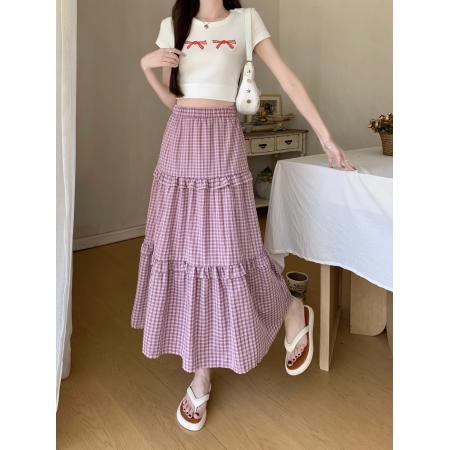 PF3755#新款高腰显瘦格子拼接中长款a字蛋糕裙荷叶边大摆伞裙