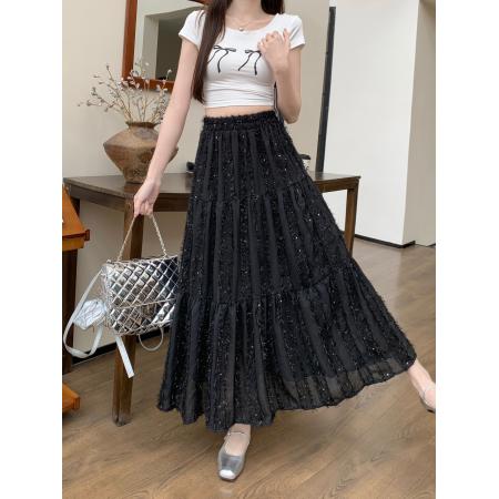 PF3756#新款韩版高腰显瘦a字拼接蛋糕裙珠片流苏中长款大摆伞裙