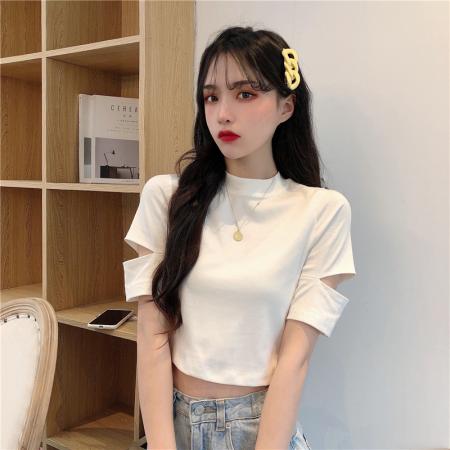 PF3759#夏季简约纯色百搭设计感小众短款女t恤短袖镂空高腰上衣