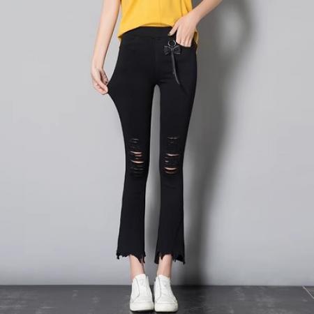 PF3761#不规则破洞微喇叭打底裤子女九分夏季薄款松紧腰阔腿