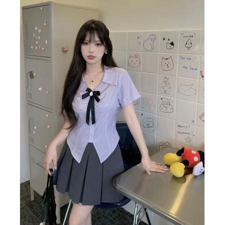 PF3763#大码套装微胖正肩显瘦少女穿搭学院风女衬衣短裙两件套