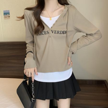 PF3766#假两件长袖t恤大码微胖显瘦春新款字母连帽拼接上衣